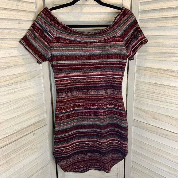 Papaya Burgundy Gray Striped Print Off Shoulder Bodycon Mini Dress L - Picture 4 of 11
